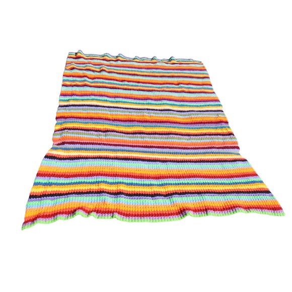Vintage 70s orange blue multicolor stripe crochet knit blanket